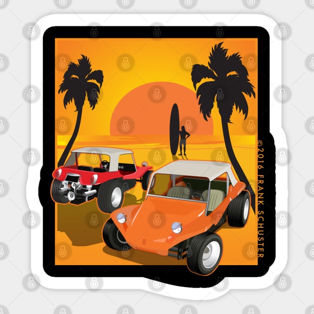 Dune Buggy  Front and Back with Sunset and Surfer Dune Buggies Sticker by PauHanaDesign